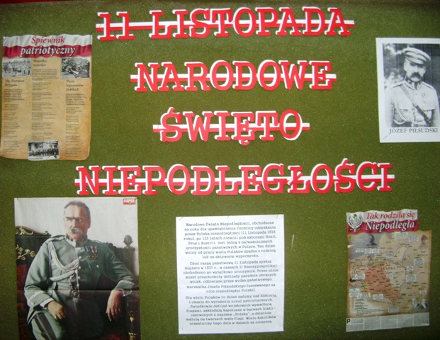 Tablica z gazetką okolicznościową na temat 11 Listopada - Narodowego Święta Niepodległości.