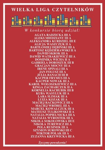 Plakat z nazwiskami osób biorących udział w konkursie ,,Wielka Liga Czytelników’’. 
