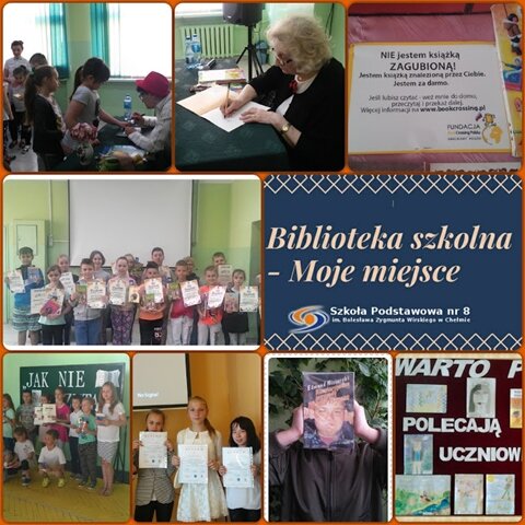 Kolaż zdjęć przedstawiających dzieci z dyplomami, autorów podpisujących książki opatrzony logo „Biblioteka szkolna – Moje miejsce”.