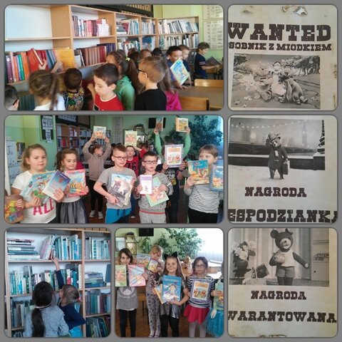 Kolaż zdjęć uczniów w bibliotece szkolnej oraz misiów z bajek dla dzieci.