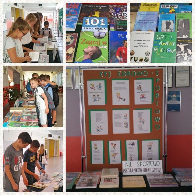 Prezentacja książek o tematyce sportowej dostępnych w bibliotece szkolnej.