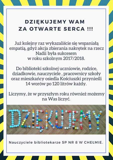 Podziękowanie nauczycieli bibliotekarzy za zaangażowanie uczniów, rodziców, dziadków, nauczycieli, pracowników szkoły i okolicznych mieszkańców w zbiórkę nakrętek.