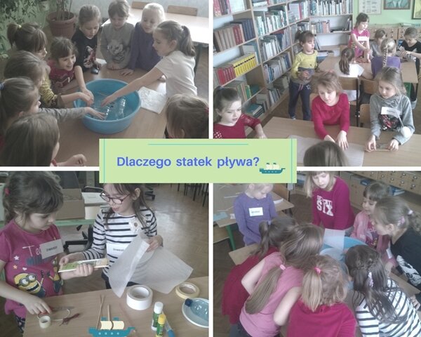 Kolaż zdjęć uczniów w bibliotece szkolnej. Dzieci wykonują statki z butelek plastikowych i puszczają je na wodę w miednicy.