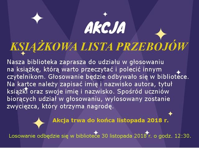 Plakat z informacją o konkursie organizowanym w bibliotece szkolnej - plebiscycie na najbardziej interesującą książkę. 