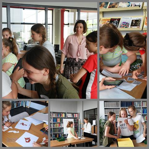 Kolaż pięciu zdjęć z lekcji bibliotecznej. Uczniowie rozwiązują zadania w zagadkowym escape room’ie.