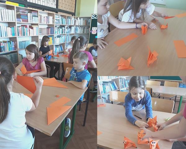 Kolaż z trzech zdjęć przedstawiający uczniów, którzy wykonują kolorowe orgiami.