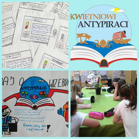 Kolaż grafiki z hasłem „Kwietniowi antypiraci” oraz rozłożoną książkę, nad którą znajdują się ikony meduzy, palmy i łódki. Obok wypełnione karty pracy uczniów oraz plakat z kodeksem wizerunku antypirata. Dołączone jest również zdjęcie grupy dzieci podczas zajęć.