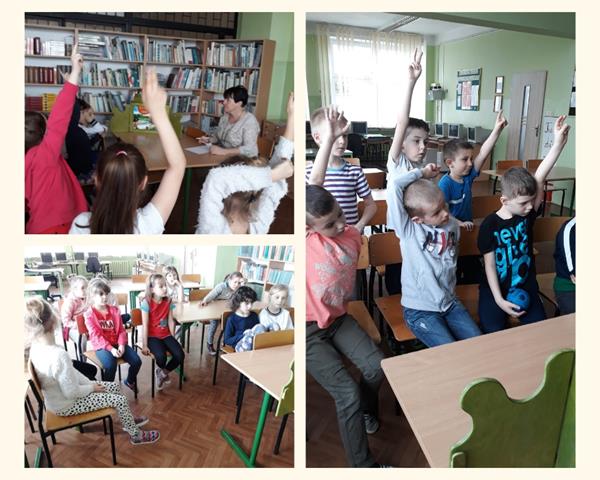 Kolaż zdjęć dzieci aktywnie uczestniczących w zajęciach „Razem czytamy i bawimy się”. Na jednym z ujęć nauczyciel z uczniami.