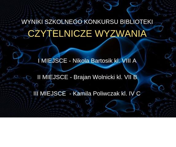 Grafika prezentująca nazwiska i miejsca laureatów szkolnego konkursu „Czytelnicze wyzwania”.