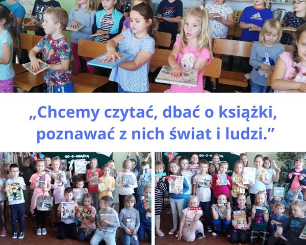Pierwsze zdjęcie przedstawia uczniów klas pierwszych podczas uroczystego pasowania na czytelnika. Poniżej kolaż dwóch fotografii uczniów prezentujących dyplomy.