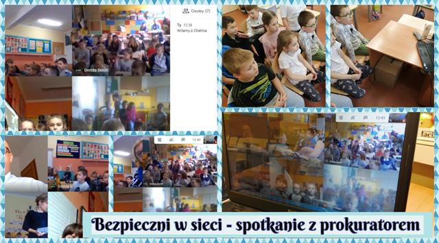 Kolaż zdjęć przedstawiający uczniów podczas spotkania online z prokuratorem na temat bezpieczeństwa w sieci.
