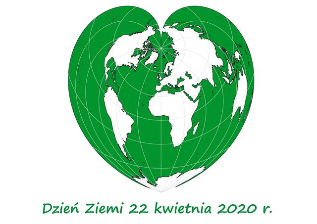 Rysunek przedstawiający Ziemię w kształcie serca. Kontynenty oznaczone są kolorem białym a morza i oceany zielonym. Rysunek opatrzony komentarzem „Dzień Ziemi 22 kwietnia 2020 r.”