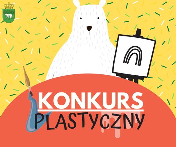 Rysunek białego niedźwiedzia ze sztalugami, za czerwonym półokręgiem opatrzonym napisem: „Konkurs plastyczny”.