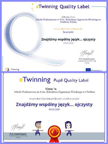 Certyfikaty - odznaki jakości  dla klasy 2 a i pani Elżbiet Dras potwierdzające udział w projekcie eTwinning.