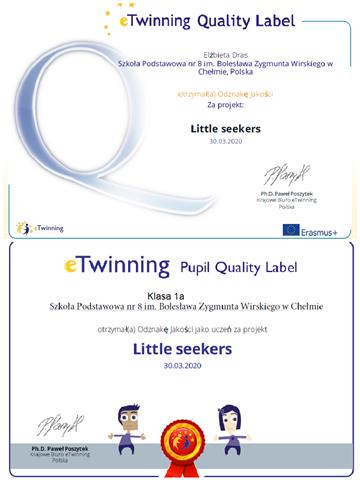 Certyfikaty dla nauczycielki Elżbiety Dras i kasy 1a za udział w projekcie eTwinning.