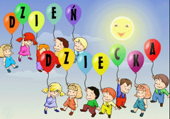 Rysunek przedstawiający dzieci unoszone przez baloniki. Na balonikach literki układają się w napis „Dzień Dziecka”.