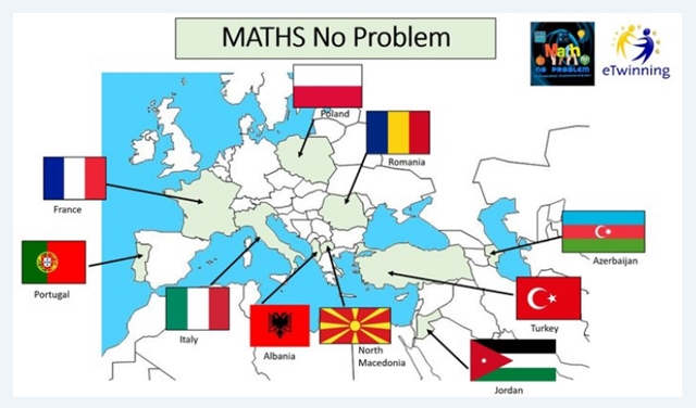 Zrzut ekranu prezentujący mapę Europy i flagi niektórych państw potwierdzający uczestnictwo w projekcie eTwinning.