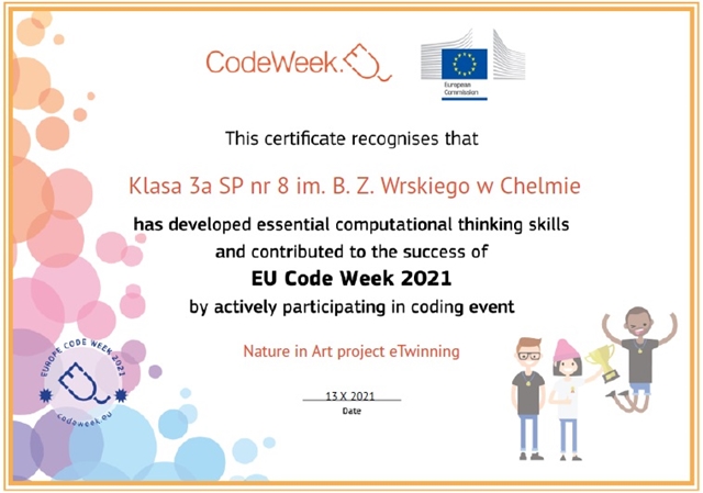 Certyfikat dla uczniów klasy 3 a za udział w projekcie.