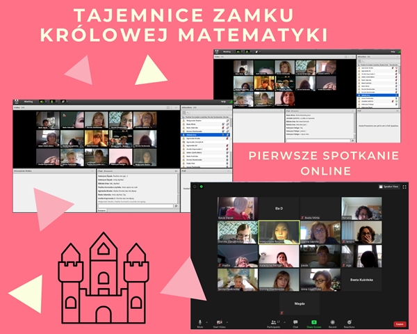 Kolaż zdjęć przedstawiających dzieci podczas interaktywnych ćwiczeń i napis: ,,Tajemnice zamku Królowej Matematyki’’.