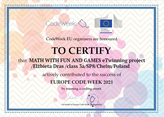 Certyfikaty dla wychowawcy i uczniów klasy 3 a za udział w projekcie eTwinning.