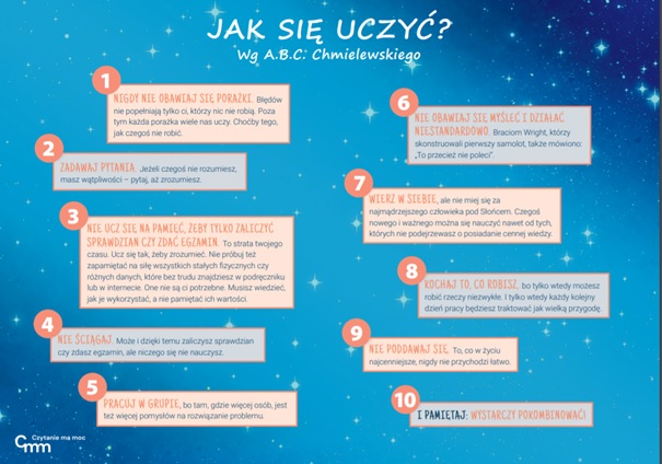 Plakat prezentujący dziesięć rad, jak się uczyć.