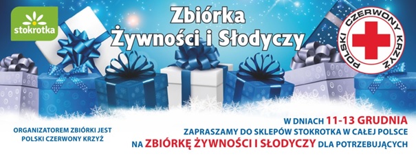 Plakat informujący o zbiórce żywności i słodyczy przez Polski Czerwony Krzyż.