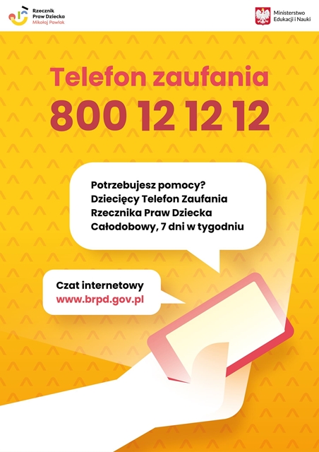 Plakat informacyjny z numerem telefonu zaufania oraz linkiem czatu internetowego do kontaktu.