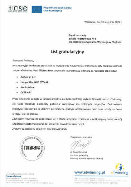 List gratulacyjny dla nauczyciela Szkoły Podstawowej nr 8 im. Bolesława Zygmunta Wirskiego w Chełmie za otrzymanie Krajowej Odznaki Jakości eTwinning. 