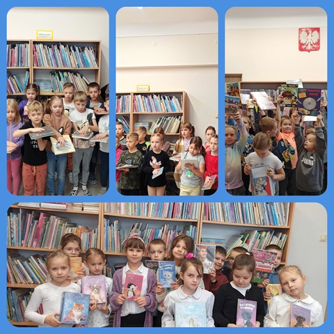 Kolaż przedstawia uczniów klas młodszych podczas wizyty w bibliotece. Dzieci prezentują wypożyczone książki.
