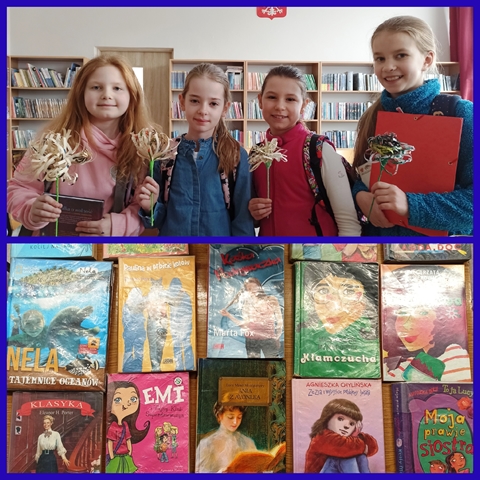 Kolaż zdjęć przedstawia grupę dziewcząt  stojących w bibliotece. Trzymają w rękach papierowe kwiaty i książki. W tle regały z książkami.