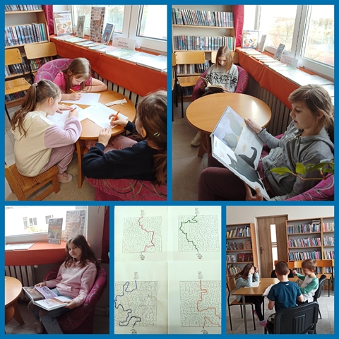 Zdjęcia dzieci czytających i rysujących w bibliotece szkolnej.