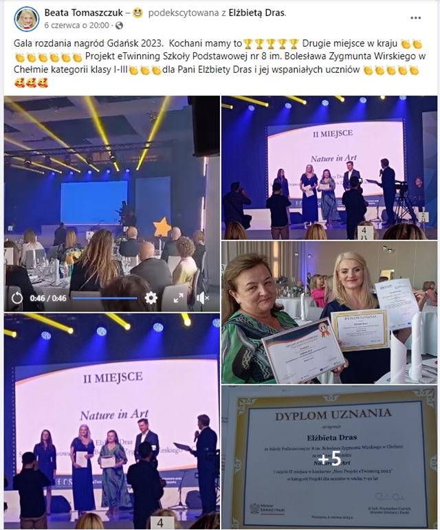 Kolaż zdjęć z gali rozdania nagród w projekcie eTwinning 2023 w Gdańsku. Dyplom uznania za zajęcie II miejsca  dla Pani Elżbiety Dras. 