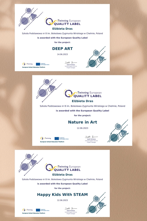 Kolaż zdjęć przedstawiający Europejskie Odznaki Jakości eTwinning, jakie zdobyła nasza szkoła.