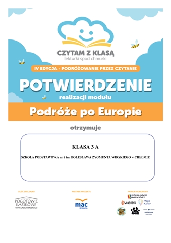 Potwierdzenie realizacji modułu „ Podróże po Europie” w ramach projektu „Czytam z klasą lekturki spod chmurki”.