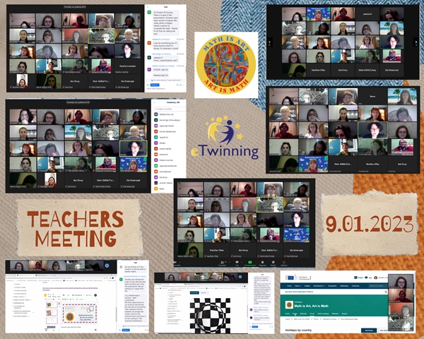 Kolaż zdjęć przedstawiający uczestników projektu eTwinning “Math is Art, Art is Math” ze spotkania on-line nauczycieli i wybrane slajdy z prezentacji. 