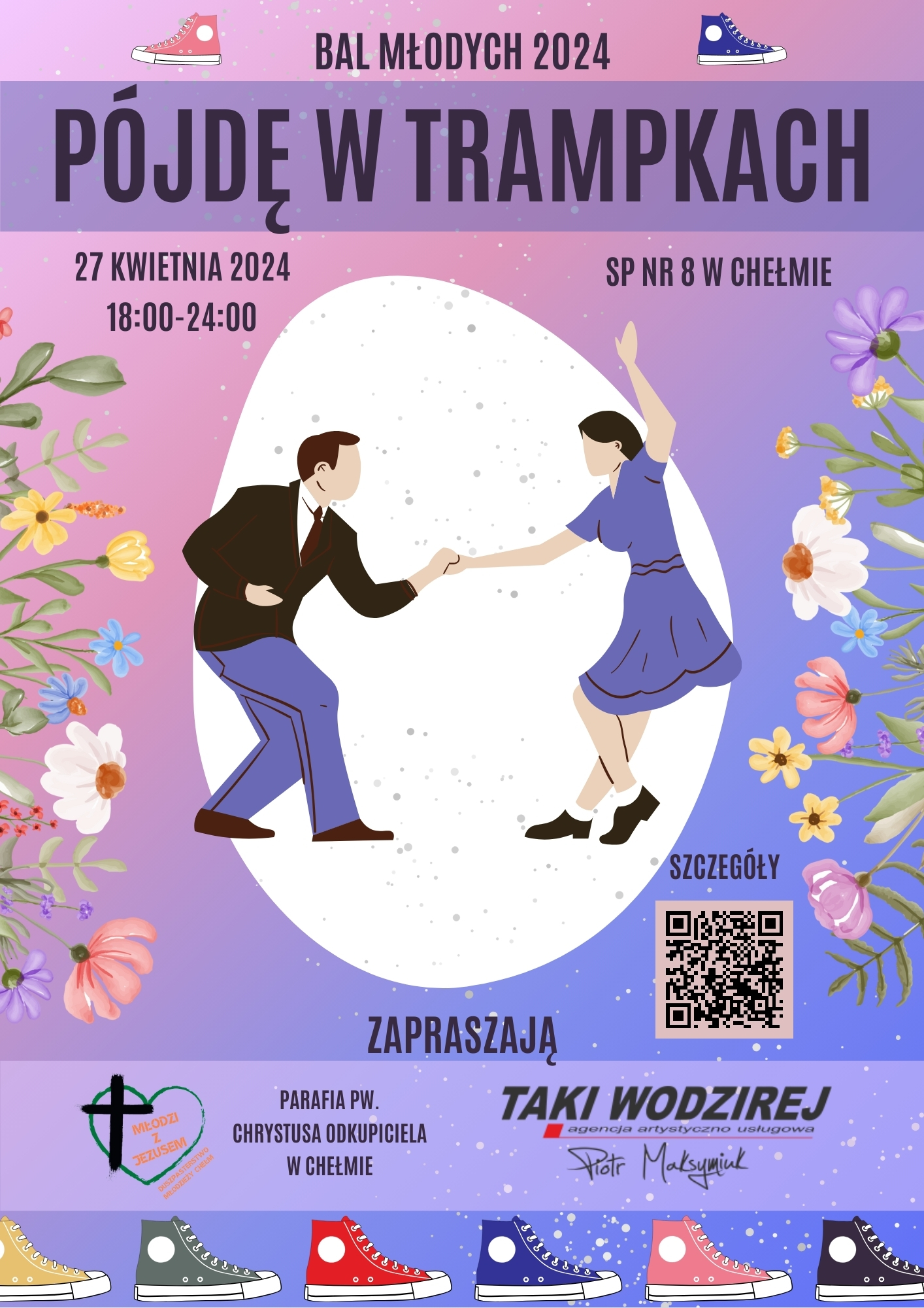 Plakat zachęcający do udziału w Balu Młodych,  na zdjęciu grafika przedstawiająca tańczącą parę  oraz trampki i kwiaty w różnych kolorach.