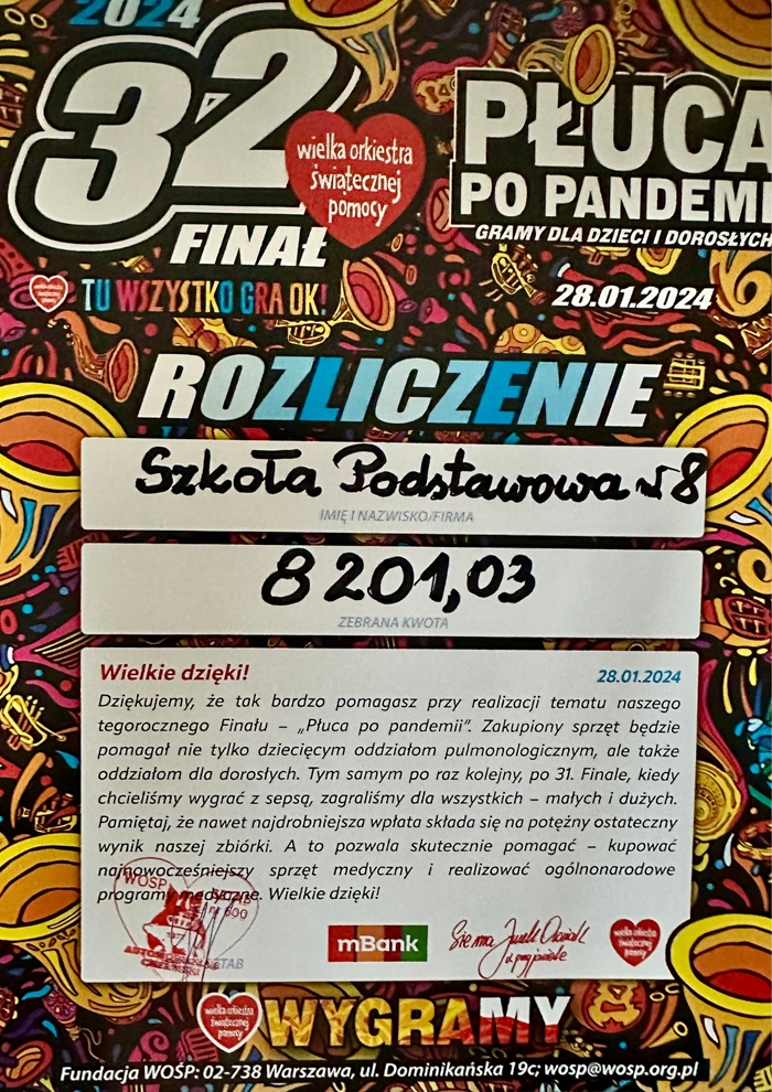 Podziękowanie dla SP nr 8 za zebrane przez uczniów pieniądze podczas Finału Wielkiej Orkiestry Świątecznej Pomocy.