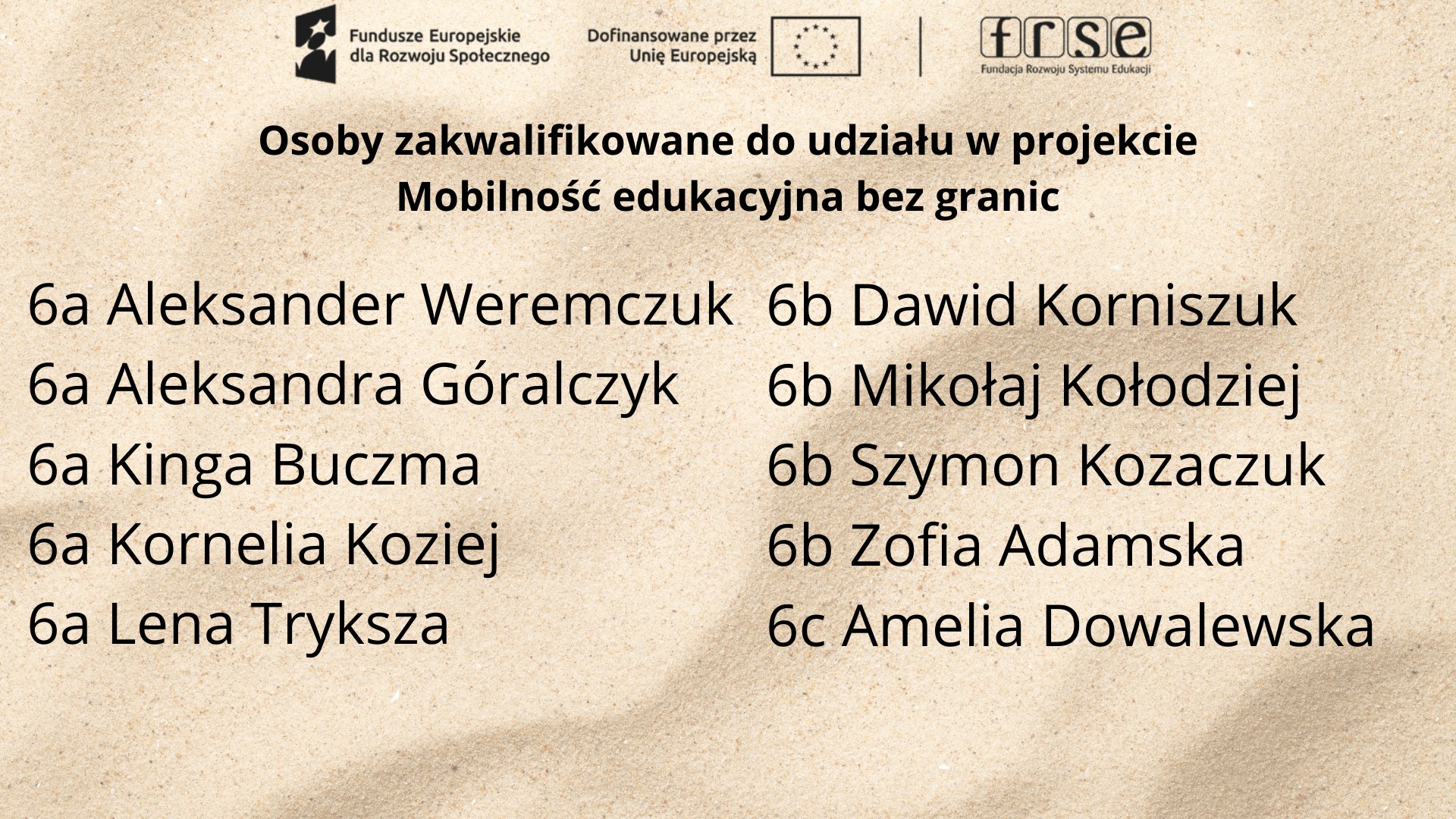 Plakat z nazwiskami uczniów zakwalifikowanych do udziału w projekcie „Mobilność edukacyjna bez granic”.