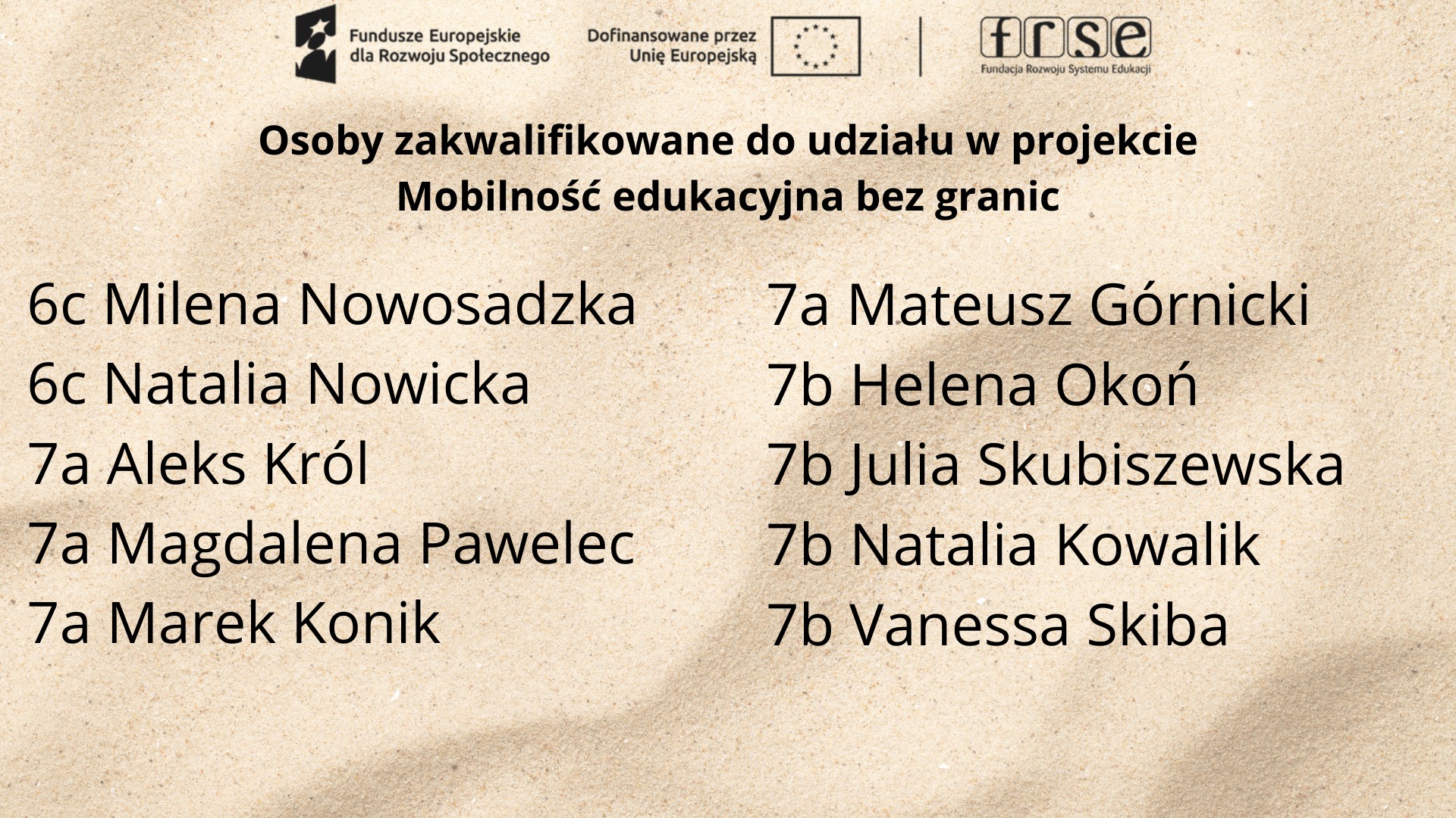 Plakat z nazwiskami uczniów zakwalifikowanych do udziału w projekcie „Mobilność edukacyjna bez granic”.