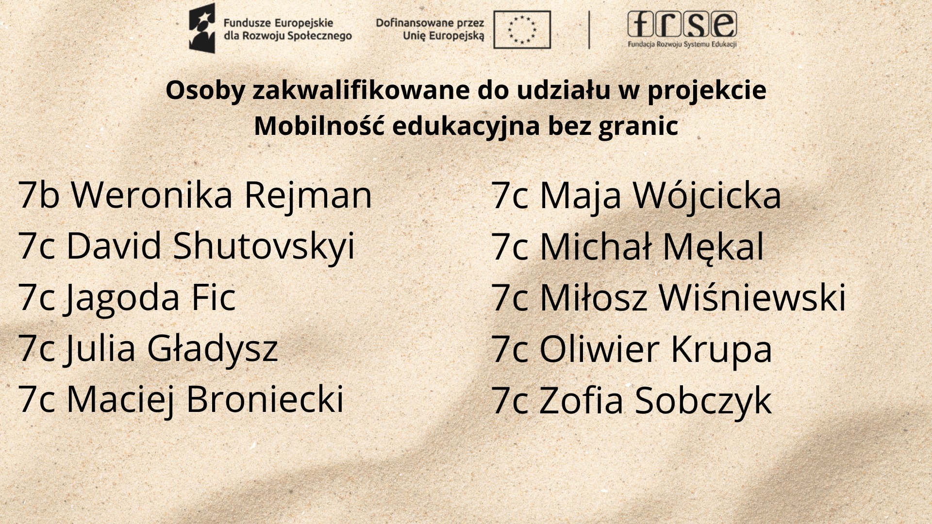 Plakat z nazwiskami uczniów zakwalifikowanych do udziału w projekcie „Mobilność edukacyjna bez granic”.