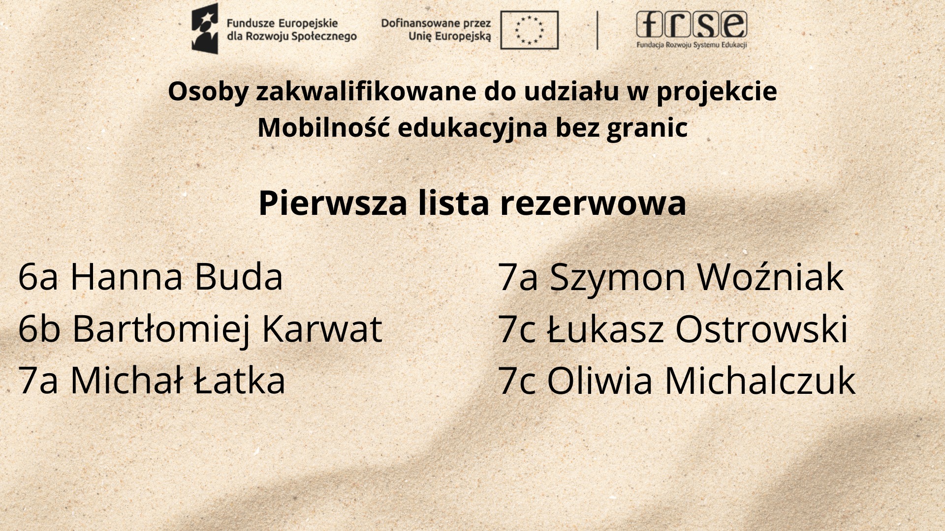 Plakat z nazwiskami uczniów zakwalifikowanych do udziału w projekcie „Mobilność edukacyjna bez granic”.