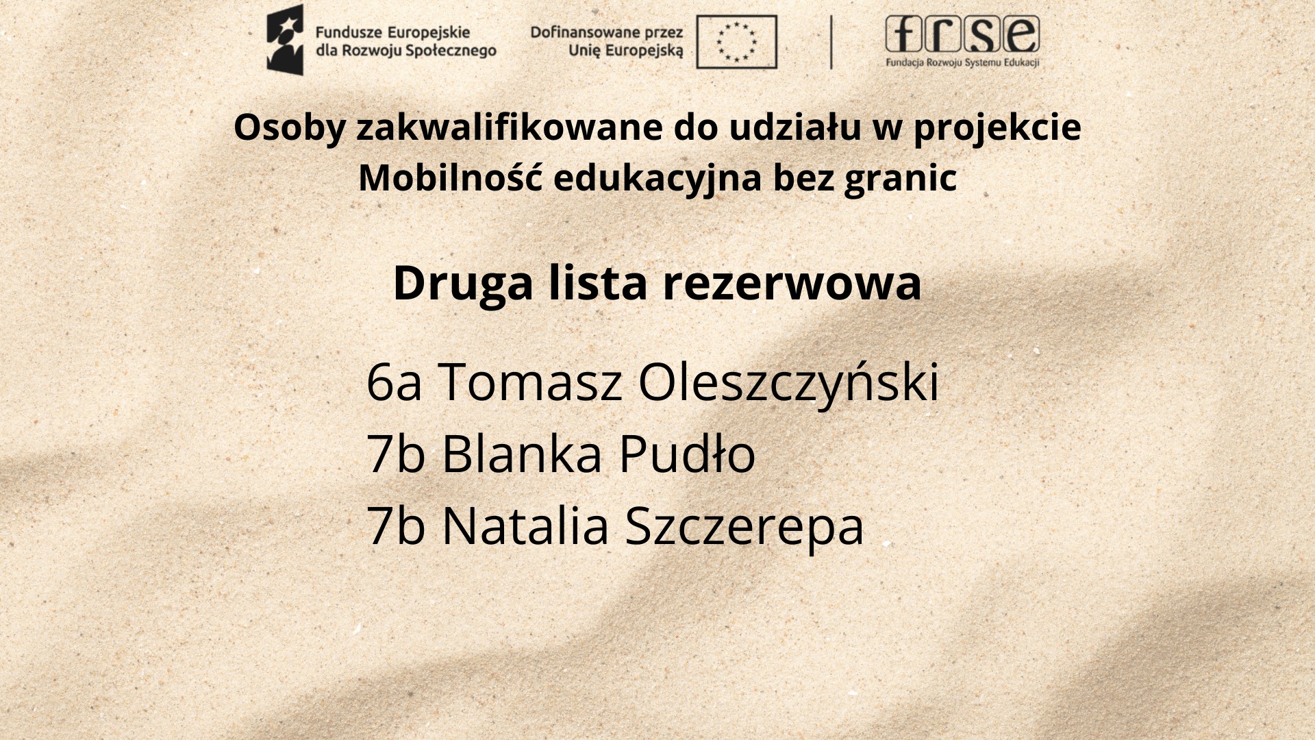 Plakat z nazwiskami uczniów zakwalifikowanych do udziału w projekcie „Mobilność edukacyjna bez granic”.