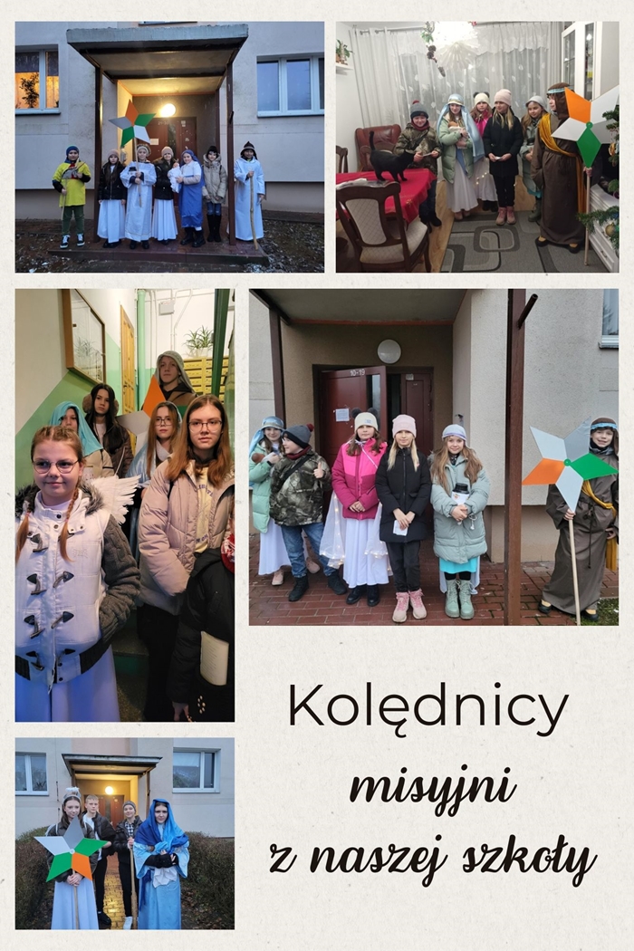 Kolaż kolędników misyjnych podczas kolędowania na terenie Parafii Chrystusa Odkupiciela w Chełmie.