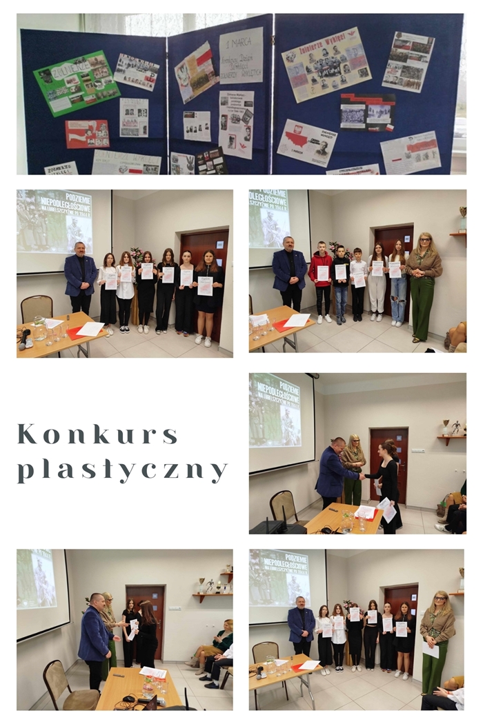 Kolaż zdjęć prac konkursowych  oraz laureatów konkursu plastycznego dla uczniów klas 6-8 na plakat związany z Narodowym Dniem Żołnierzy Wyklętych. Uczniom towarzyszy Pani Dyrektor i zaproszony gość. Zwycięzcy prezentują dyplomy.