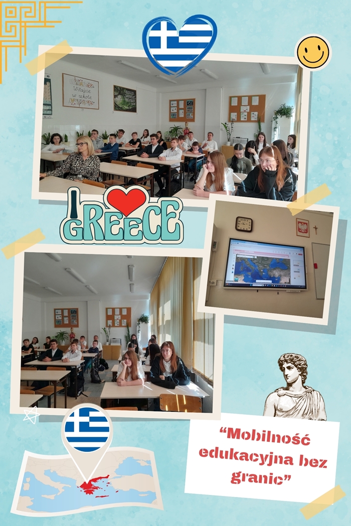 Kolaż przedstawia osoby siedzące w ławkach w sali lekcyjnej, przygotowujące się do udziału w projekcie “Mobilność edukacyjna bez granic”. Na kolażu widnieje napis “I love Greece” oraz zaznaczona Grecja na mapie.