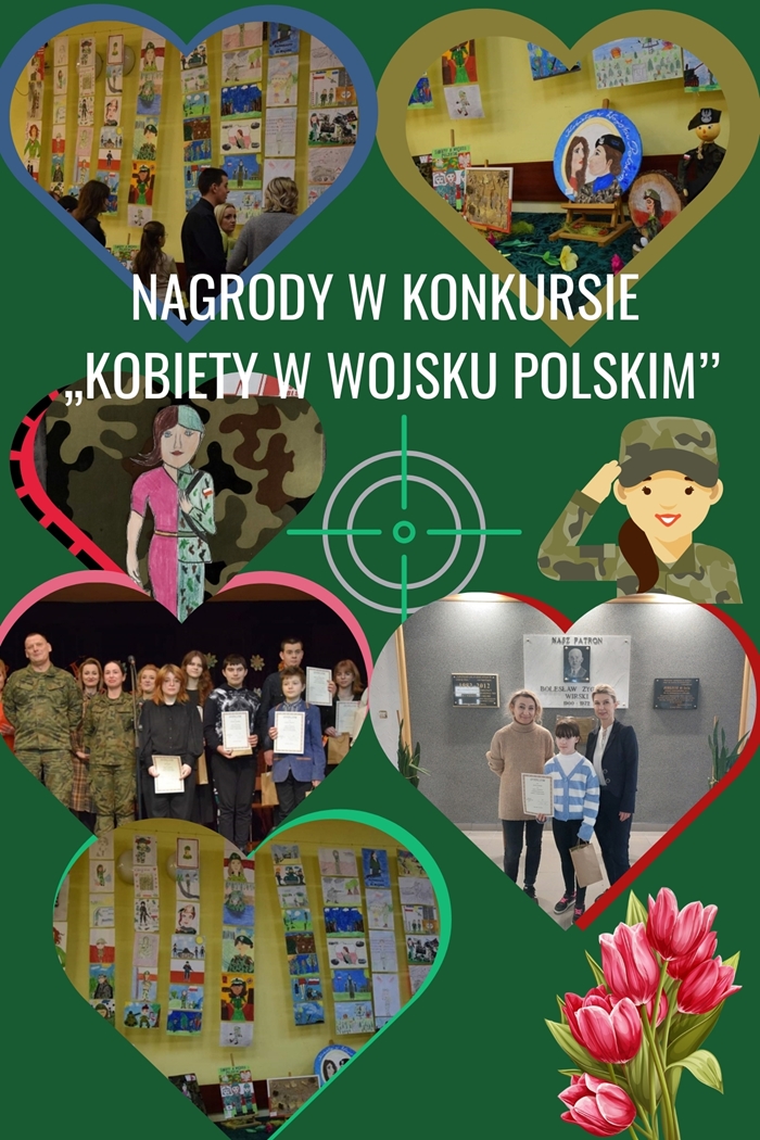 Grafika przedstawiająca prace konkursowe oraz laureatów konkursu KOBIETY W WOJSKU POLSKIM.