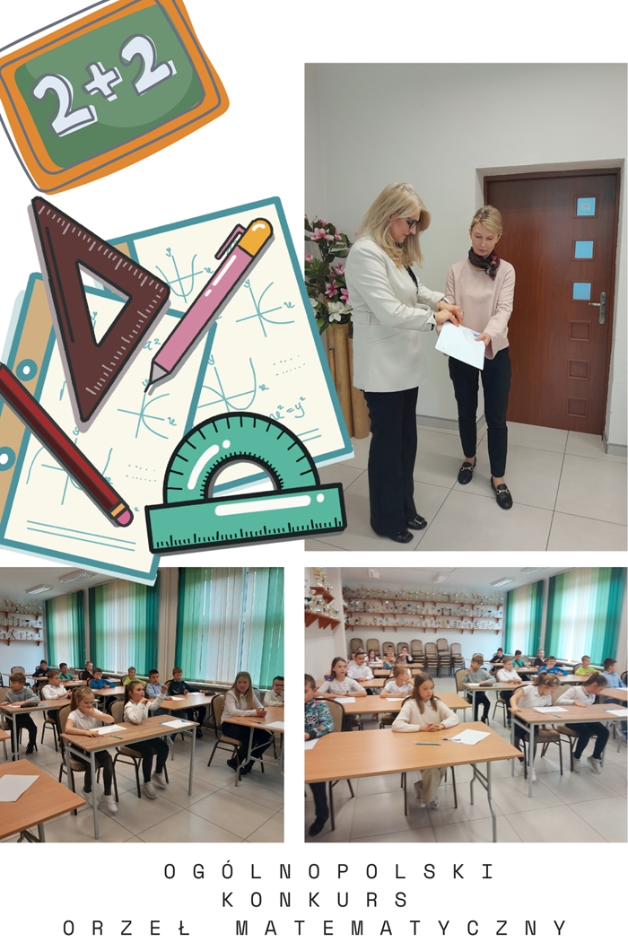 Zdjęcia przedstawiają uczniów w trakcie Ogólnopolskiego Konkursu Orzeł  Matematyczny. Na zdjęciach uczniowie w strojach galowych  siedzący w ławkach oraz Dyrekcja otwierająca zestawy konkursowe, w tle elementy graficzne związane z matematyką - ołówek, długopis, ekierka i kątomierz.