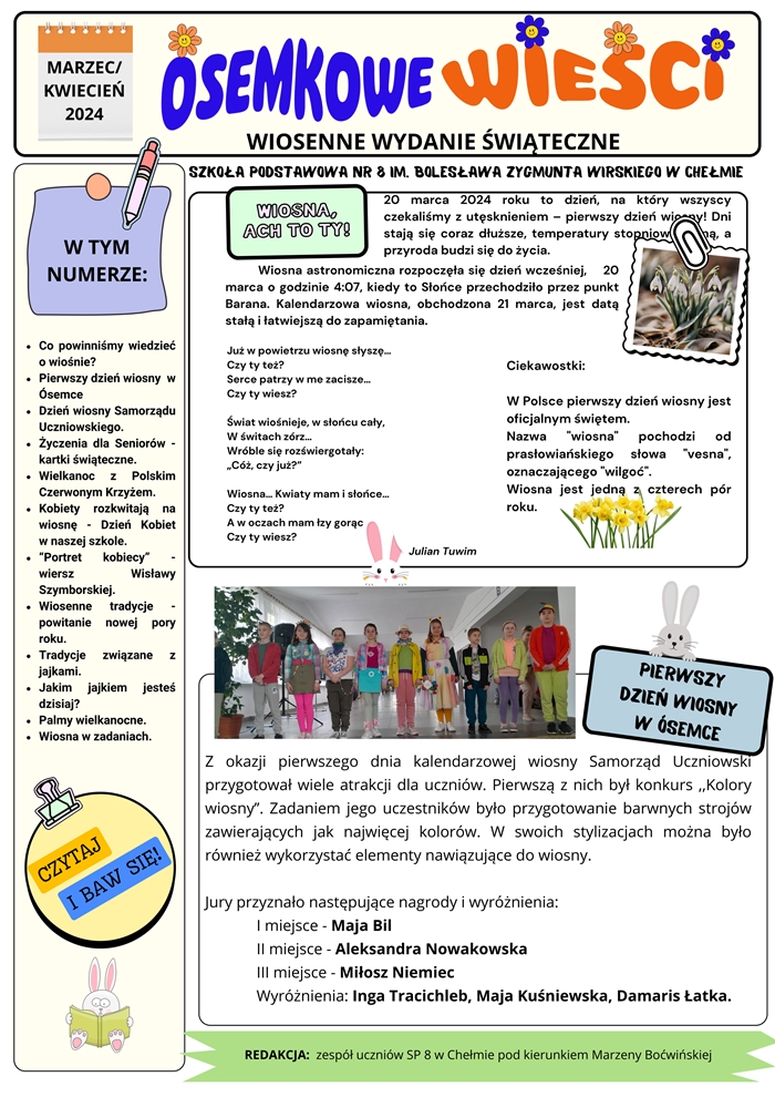 Pierwsza strona gazetki szkolnej „Ósemkowe Wieści” poświęcona  tematyce wiosennej. 