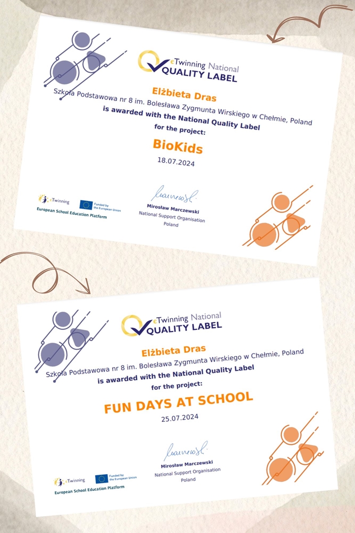 Odznaczenia dla Pani Elżbiety Dras za zaangażowanie w międzynarodowe projekty „BioKids” oraz „FUN DAYS AT SCHOOL”.