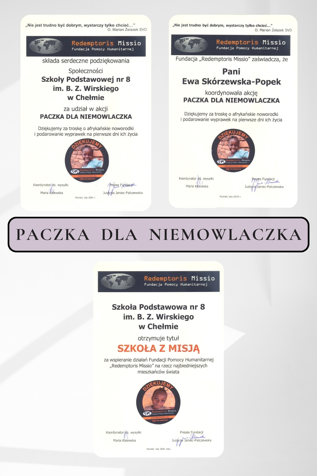 Podziękowania dla Szkoły Podstawowej nr 8 oraz Pani Ewy Skórzewskiej- Popek za wsparcie akcji PACZKA DLA NIEMOWLACZKA.